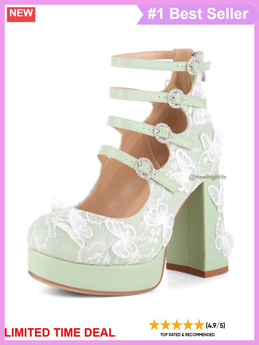 Lace Butterfly Platform Chunky Heel Mary Jane Ankle Strap Pumps